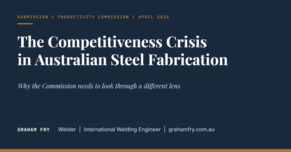 Navy title card reading The Competitiveness Crisis in Australian Steel Fabrication, by Graham Fry, Welder and International Welding Engineer