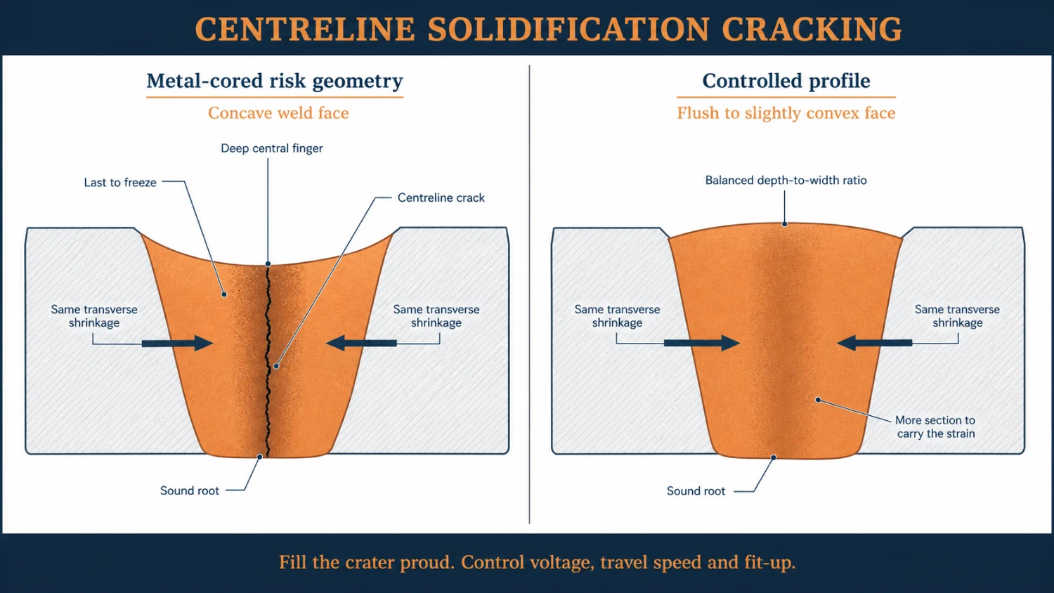 Two weld cross sections comparing a concave metal cored weld face with a deep central finger and a centreline crack against a flush to slightly convex controlled profile.