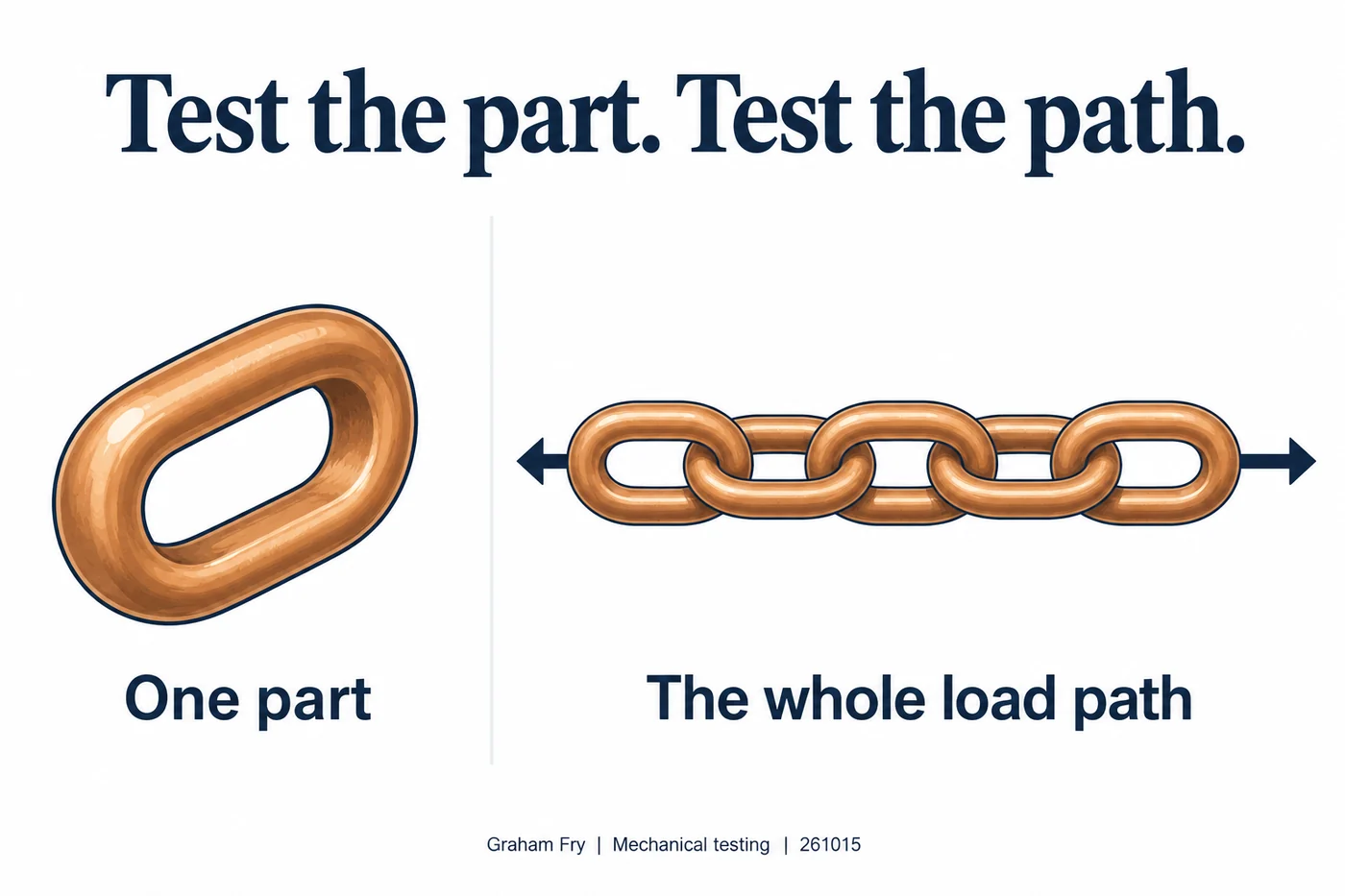 An isolated chain link beside a complete chain under outward pulling arrows. The analogy compares a sampled part with the whole load path.