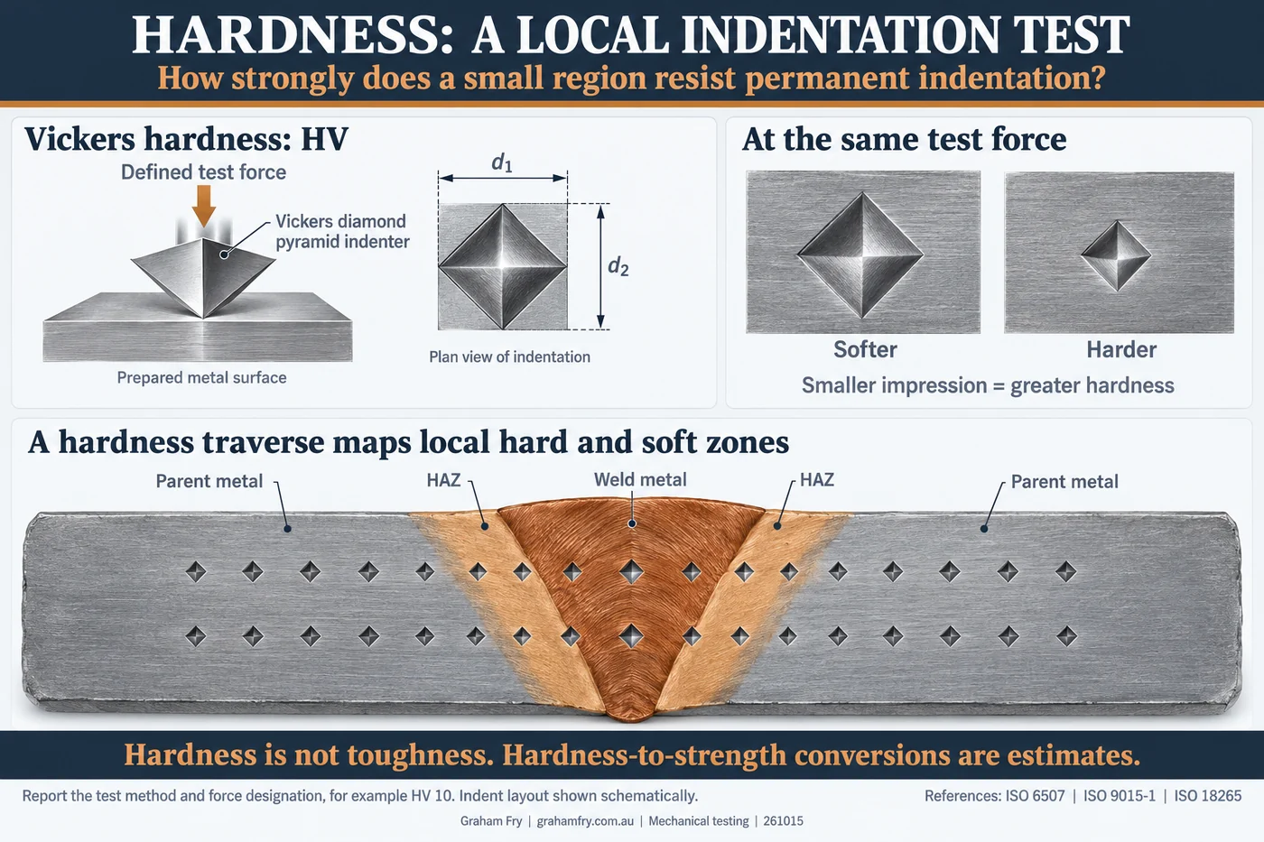 A Vickers diamond pyramid indents a prepared surface and both impression diagonals are measured. At the same force, smaller impressions mean greater hardness. A row of test points traverses parent metal, HAZ, weld metal, HAZ and parent metal.
