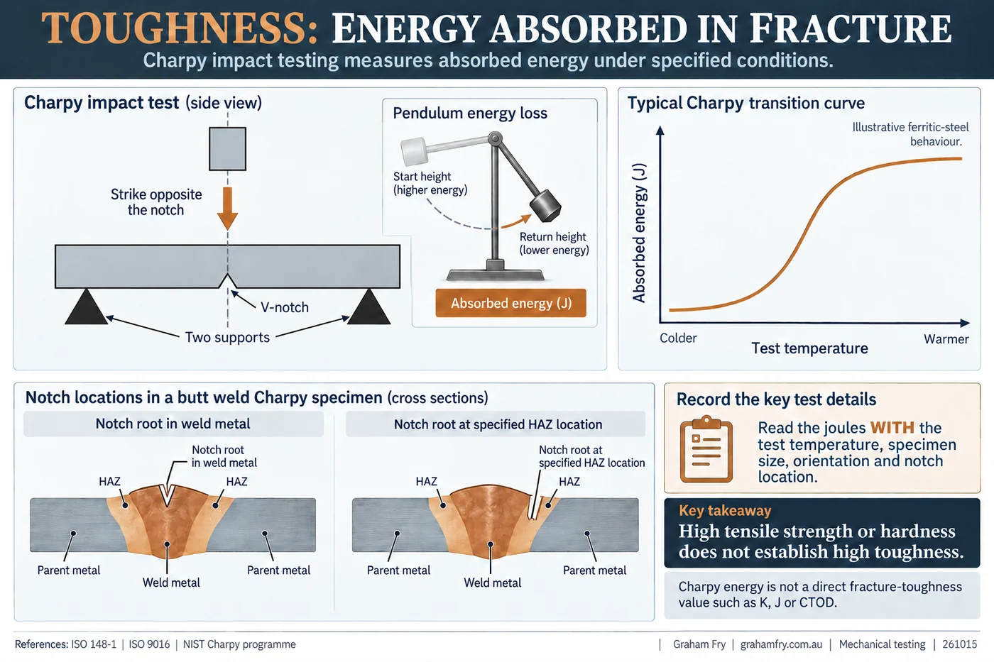 A Charpy striker is centred opposite the V-notch between two supports. Insets show a ferritic-steel temperature transition curve from upper shelf to lower shelf and different notch-root positions in weld metal and HAZ.